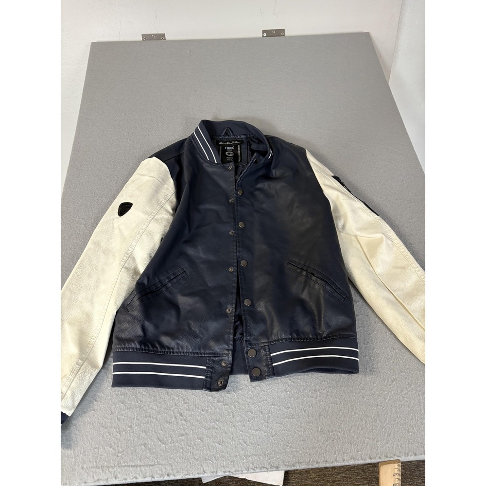 Fried Denim Jacket Mens Small Navy White Varsity Bomber Faux‎ Leather Snap